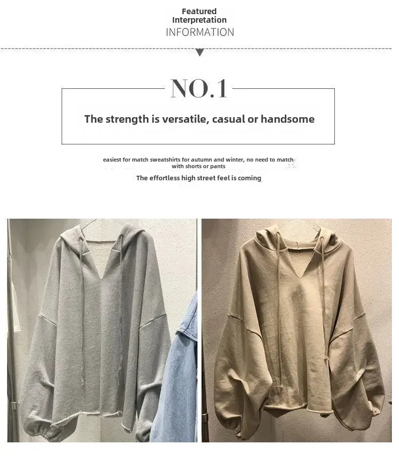 2023 Spring Autumn Women's Thin Bfidle Style V-neck Hooded Korean Version Batman Loose-fit Top