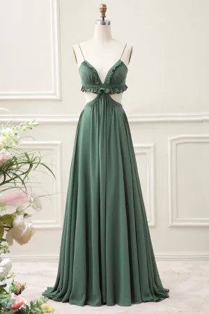 A Line Spaghetti Straps Ruffles Green Hollow-out Maxi Dress