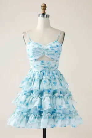 A-Line Spaghetti Straps Tiered Blue Floral Mini Dress