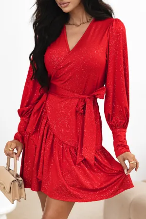 Bishop Sleeve Surplice Neck Ruffled Dress