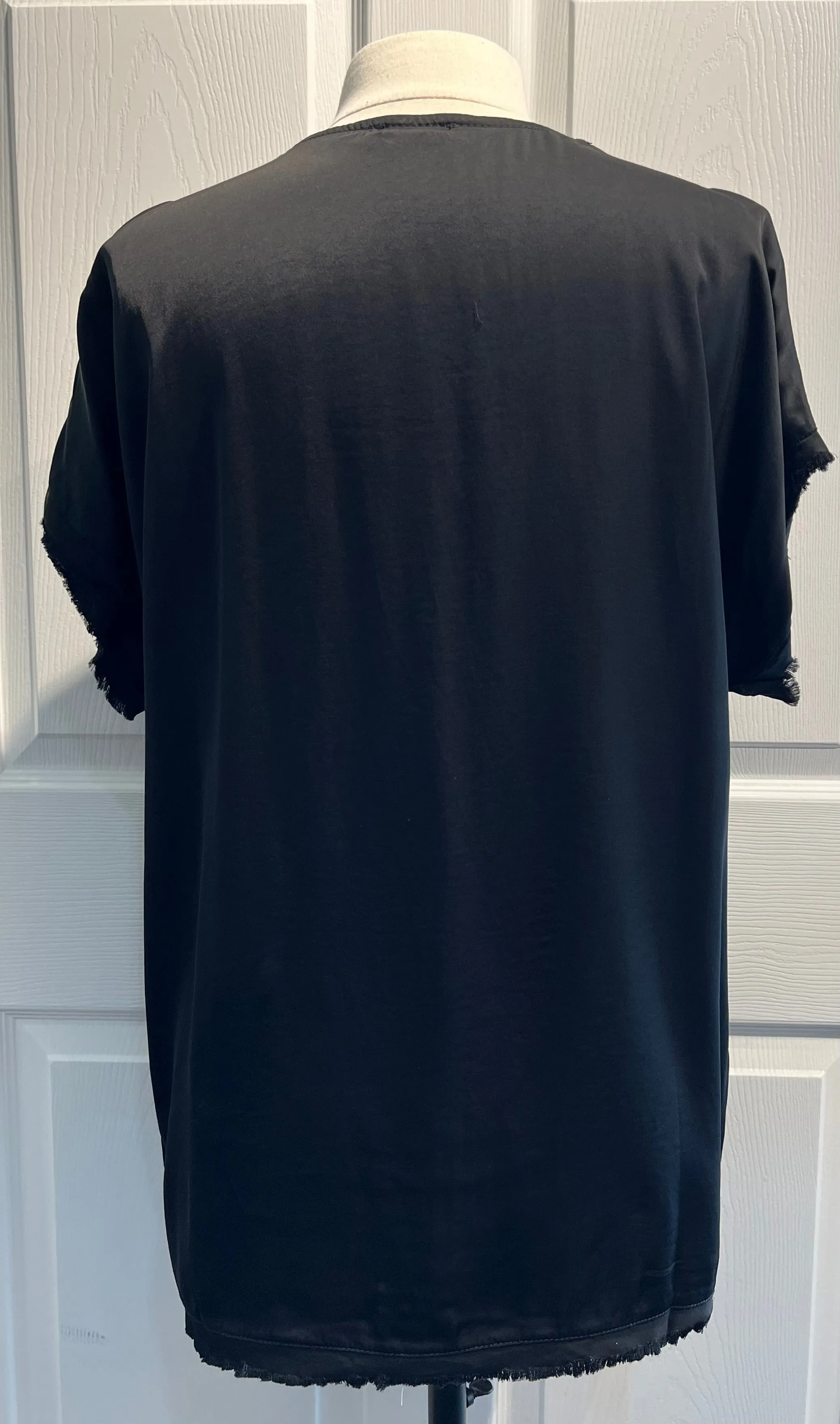 Black Silky V-Neck Top with Raw Hem