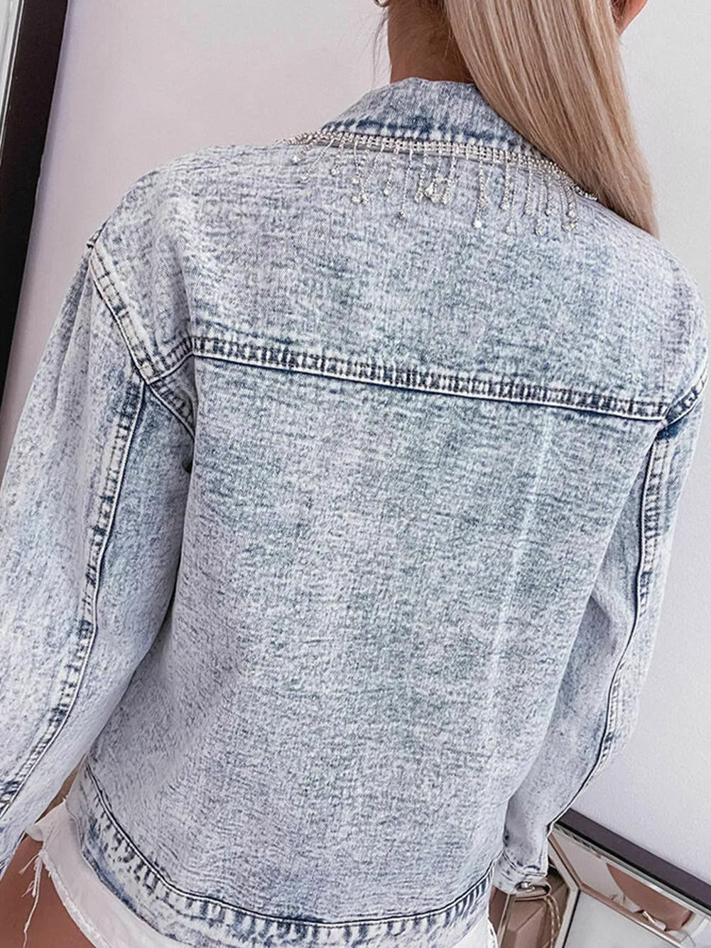 Blue Mist Rhinestone Embellished Fringed Denim Jacket