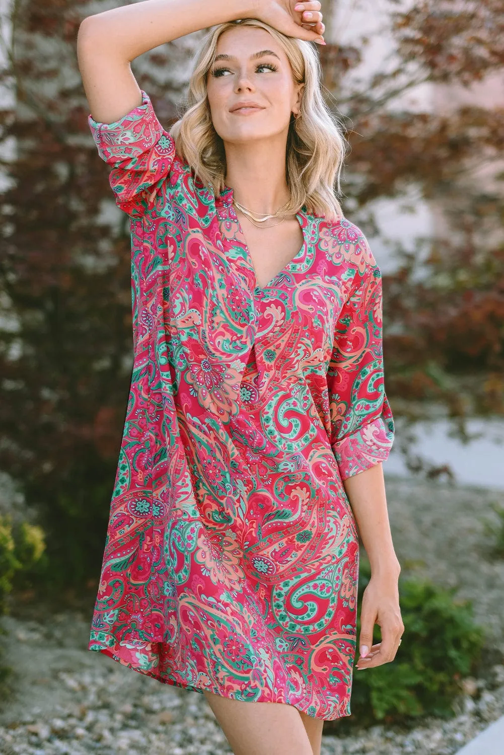 Boho Chic Rosy Paisley Mini Dress with Frilled Hem