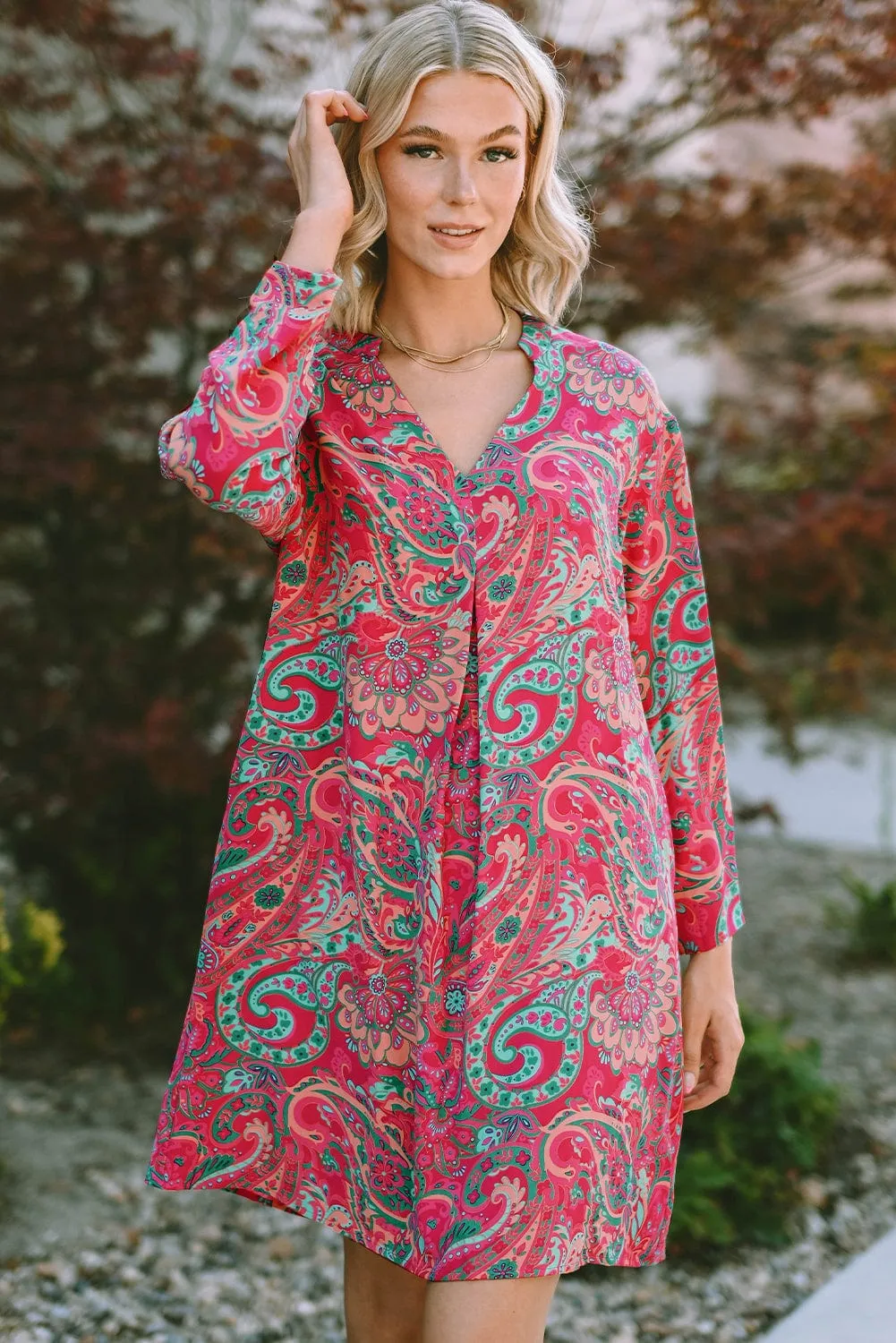 Boho Chic Rosy Paisley Mini Dress with Frilled Hem