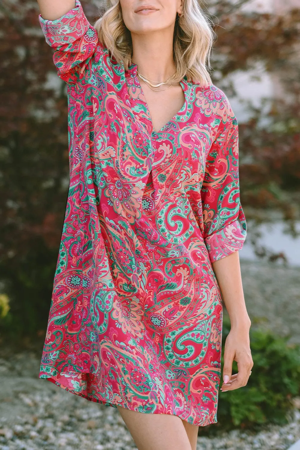 Boho Chic Rosy Paisley Mini Dress with Frilled Hem