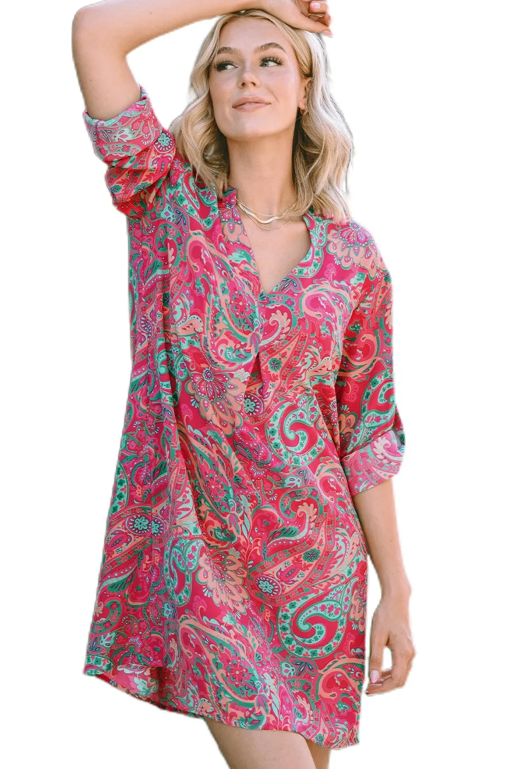 Boho Chic Rosy Paisley Mini Dress with Frilled Hem