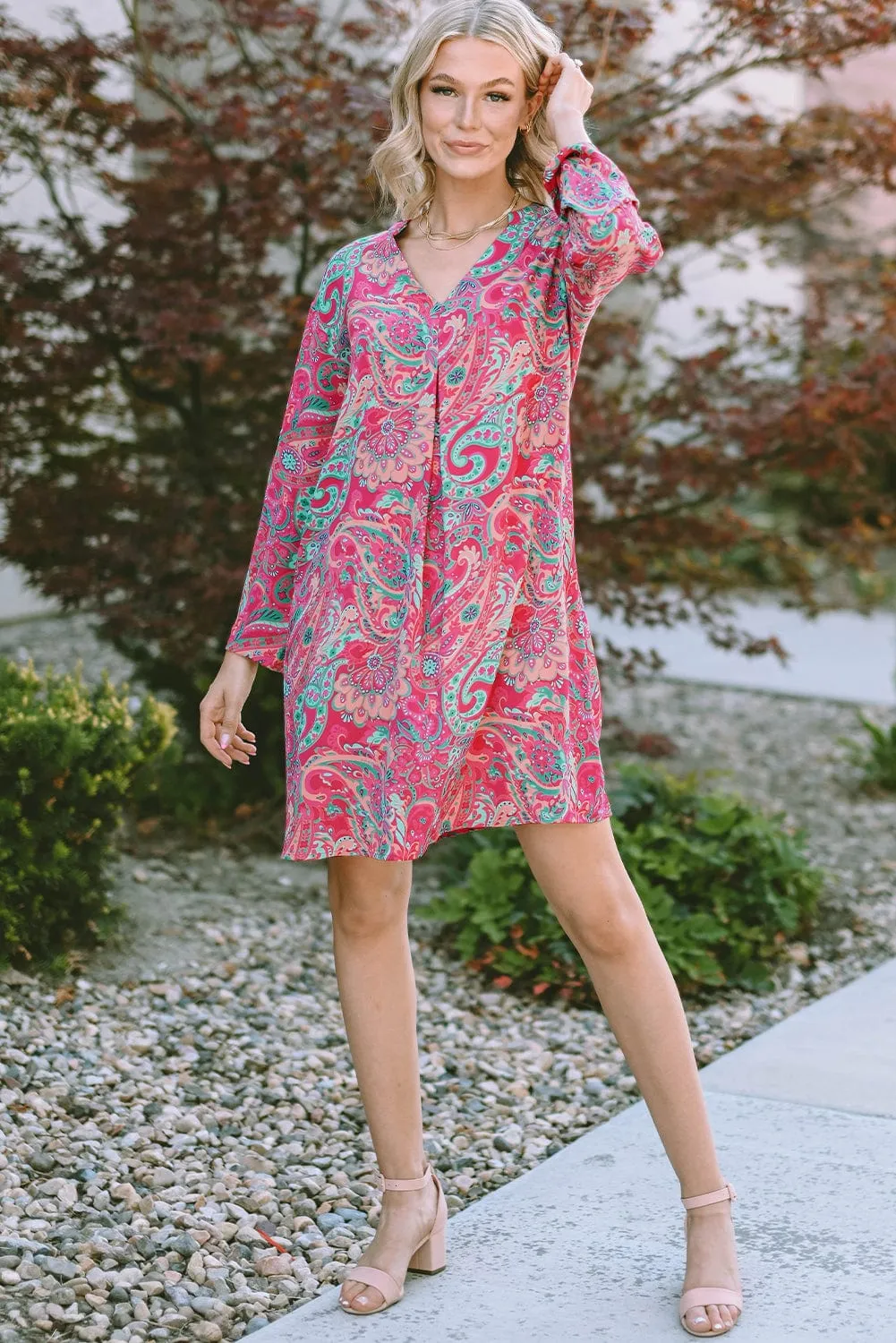 Boho Chic Rosy Paisley Mini Dress with Frilled Hem