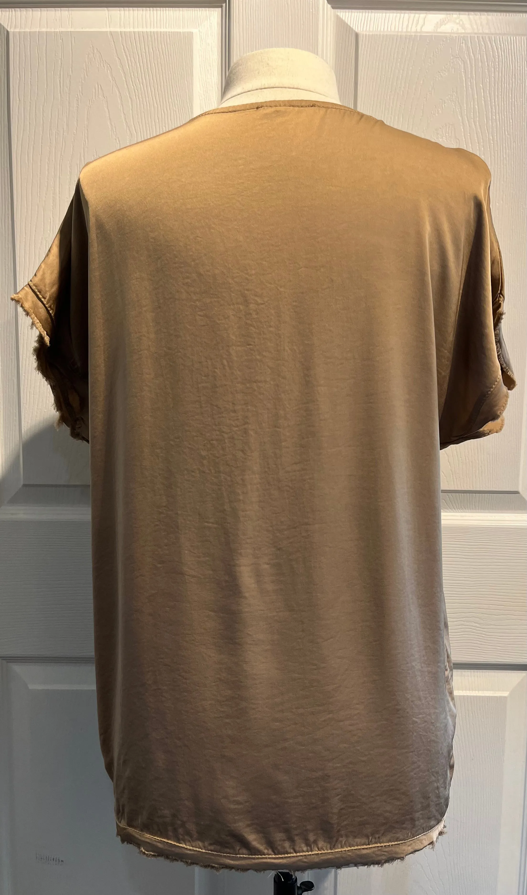 Camel Silky V-Neck Top with Raw Hem