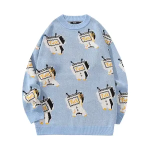 Cartoon TV man jacquard loose shoulder cuff pullover crewneck sweater