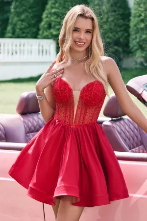 Cute Red Strapless Beaded Corset Pleated A Line Mini Dress