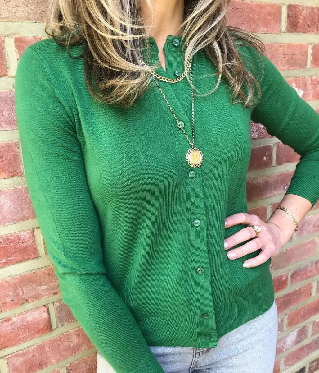 Dark Green Classic Round Neck Cardigan