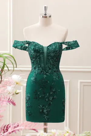 Dark Green Off the Shoulder Floral Embroidery Tight Mini Dress