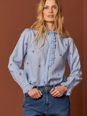 Embroidered Gauze Shirt Blue