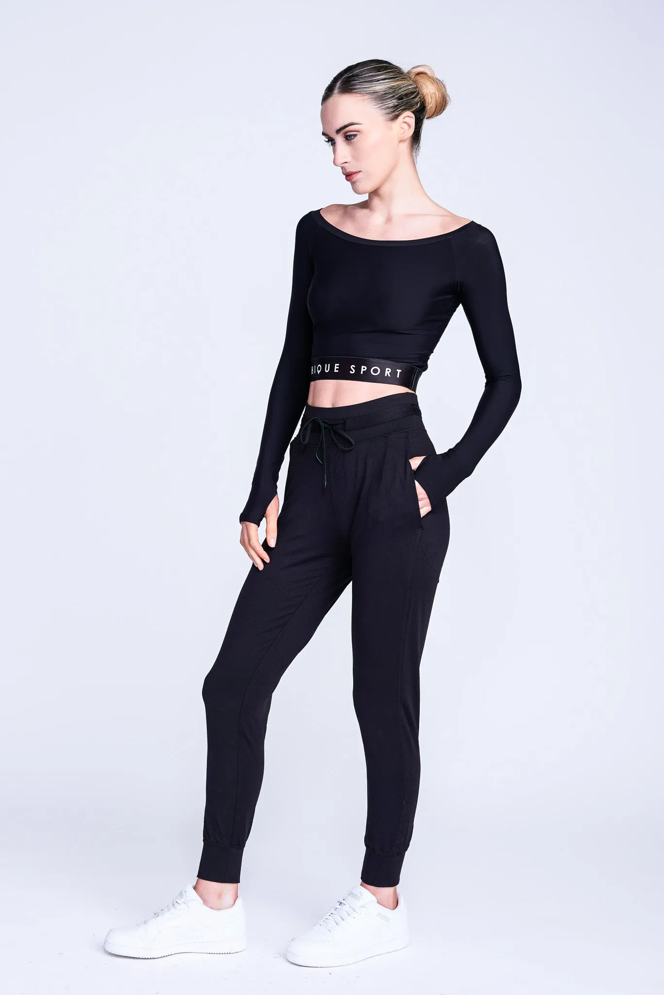 Empower Long-Sleeve Crop Top in Black