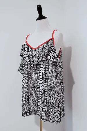 FINAL SALE -  B&W Boho Red Trim V Neck Ruffle Tank Top