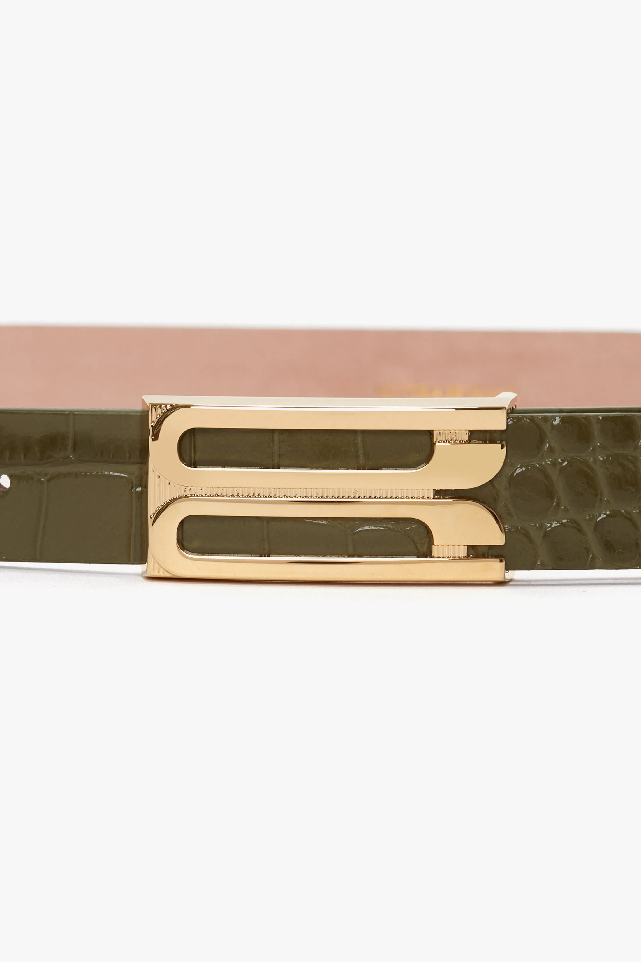 Frame Belt In Khaki Croc Embossed Calf Leather