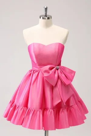 Fuchsia A-Line Strapless Ruffle Mini Dress with Bow