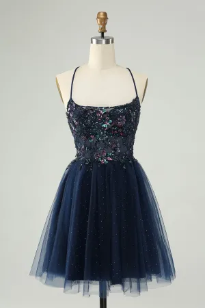 Glitter Navy A-Line Sequined Tulle Mini Dress