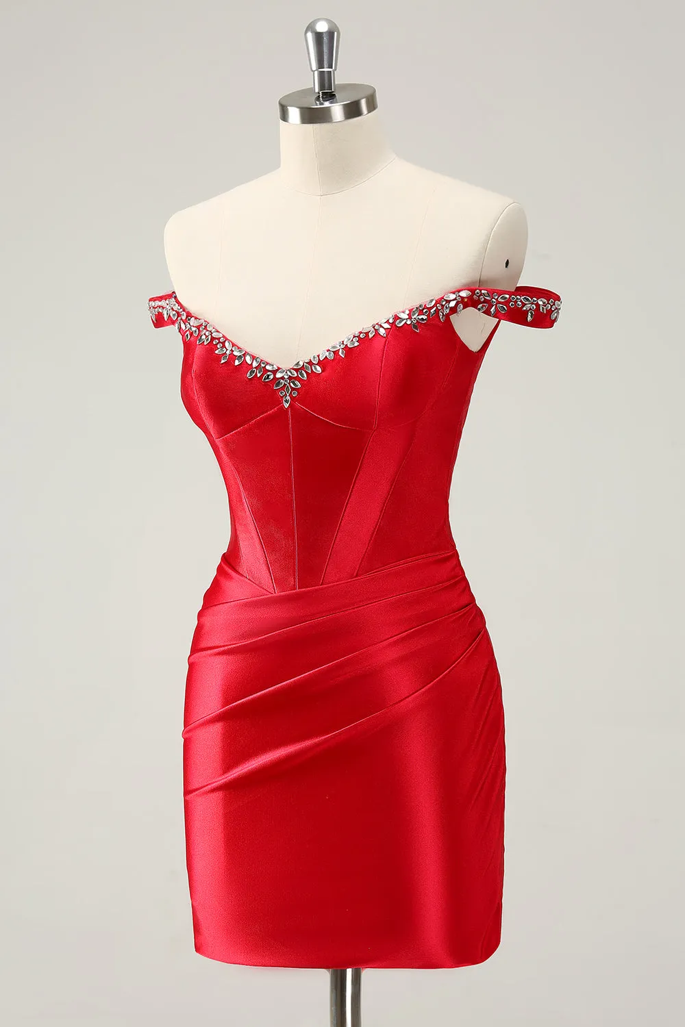 Glitter Red Beaded Off the Shoulder Satin Tight Mini Dress