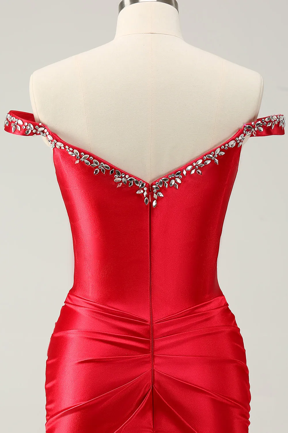 Glitter Red Beaded Off the Shoulder Satin Tight Mini Dress