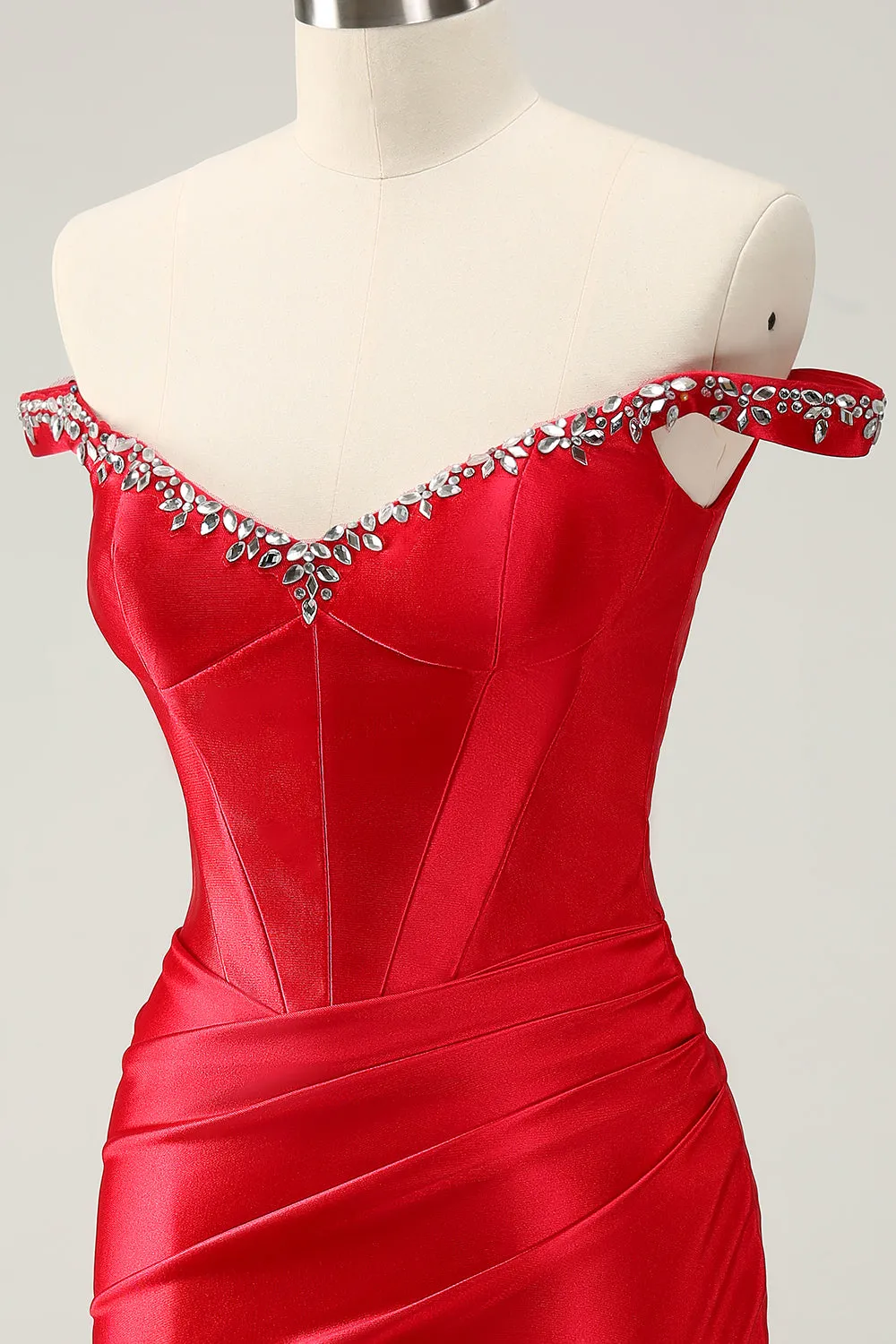 Glitter Red Beaded Off the Shoulder Satin Tight Mini Dress