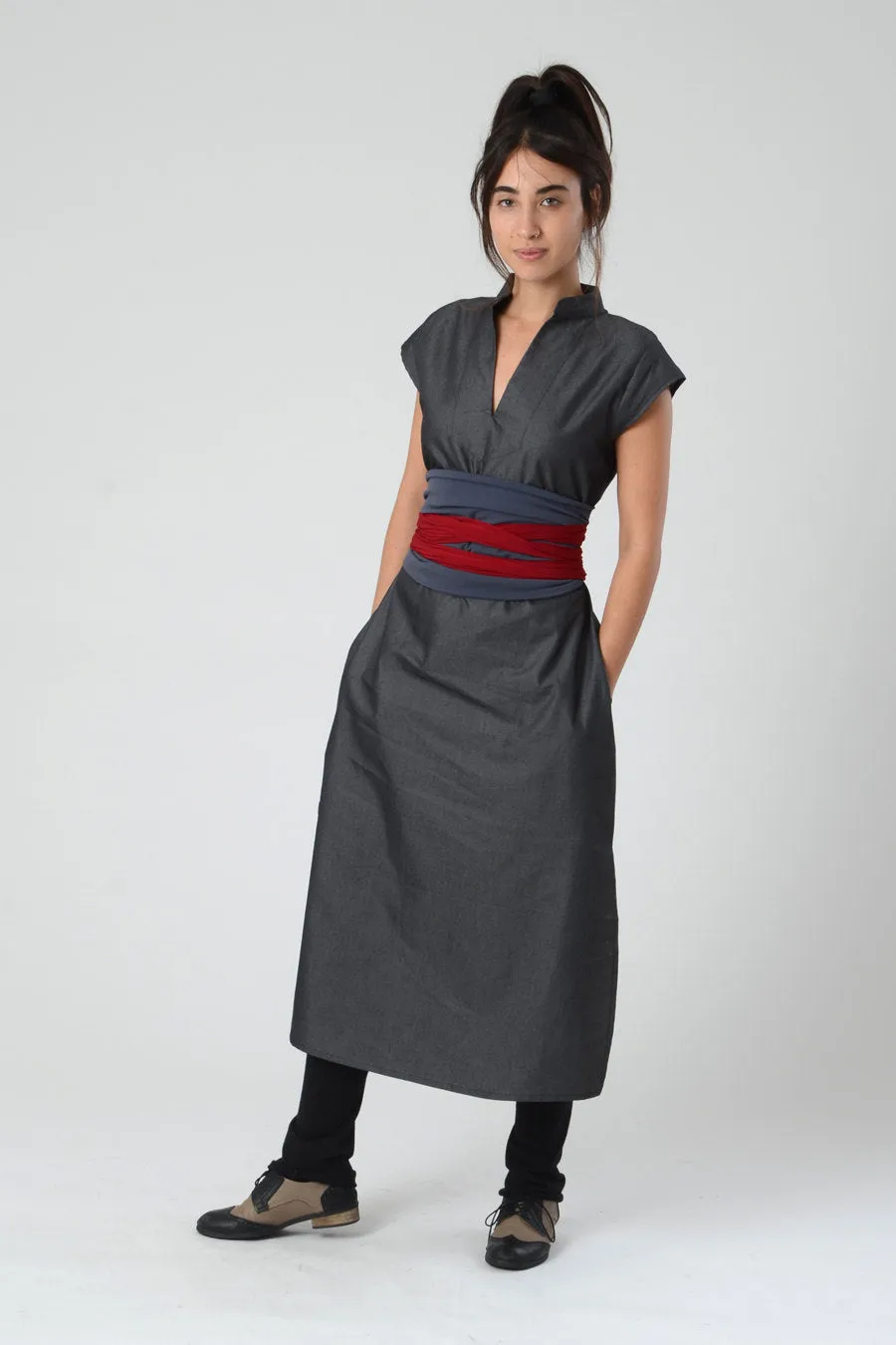 Grey and Red Wrap Obi Belt