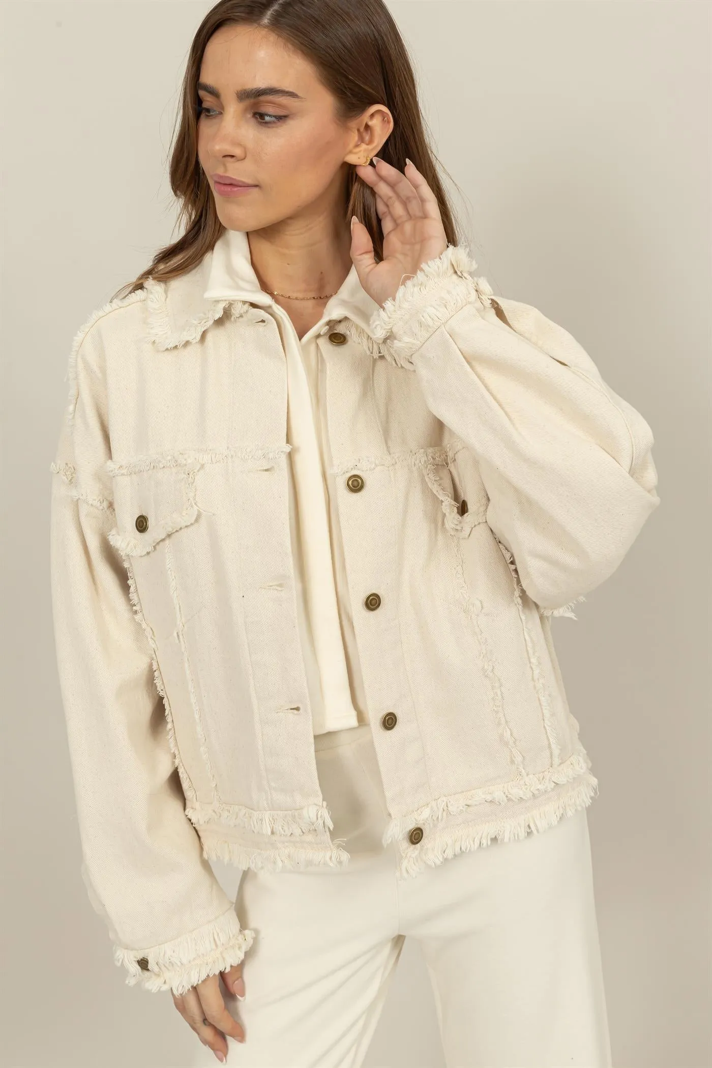 HF24E337-OVERSIZED FRAYED DENIM JACKET