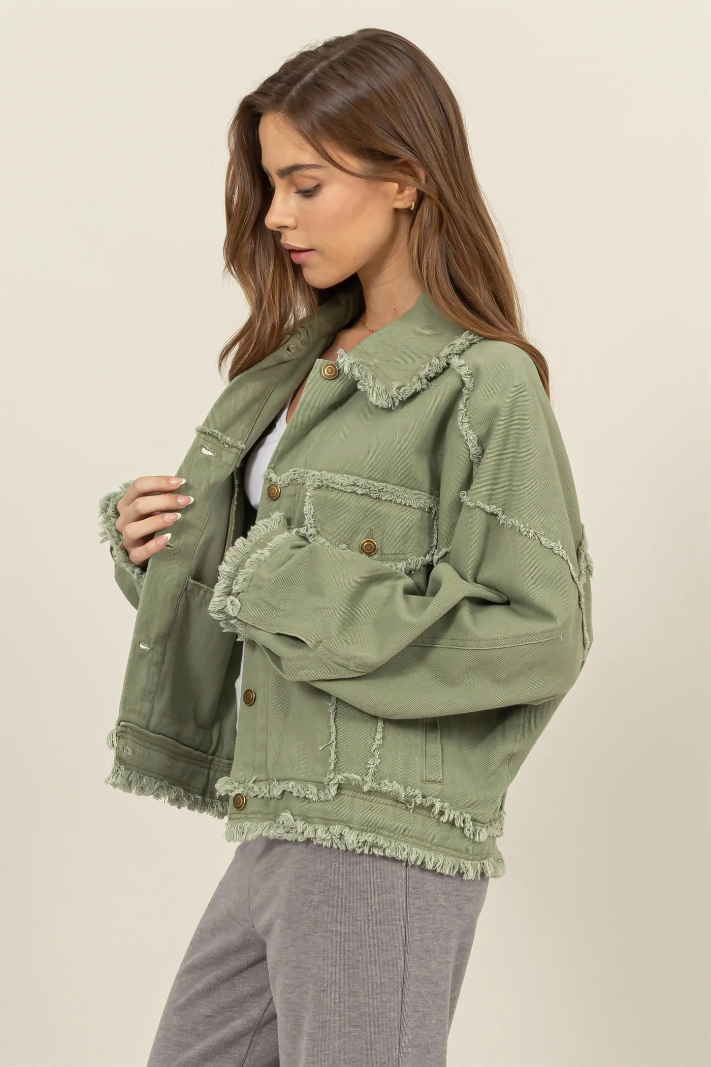 HF24E337-OVERSIZED FRAYED DENIM JACKET