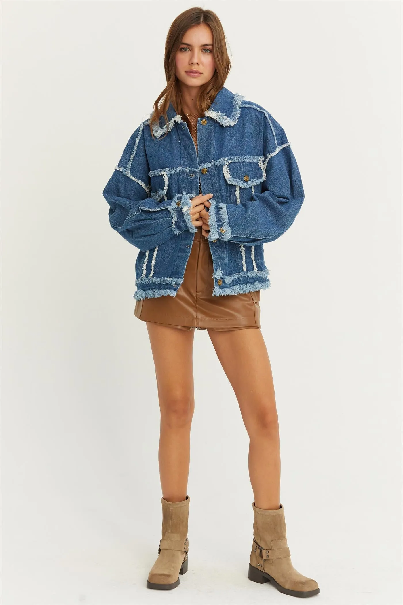 HF24E337-OVERSIZED FRAYED DENIM JACKET