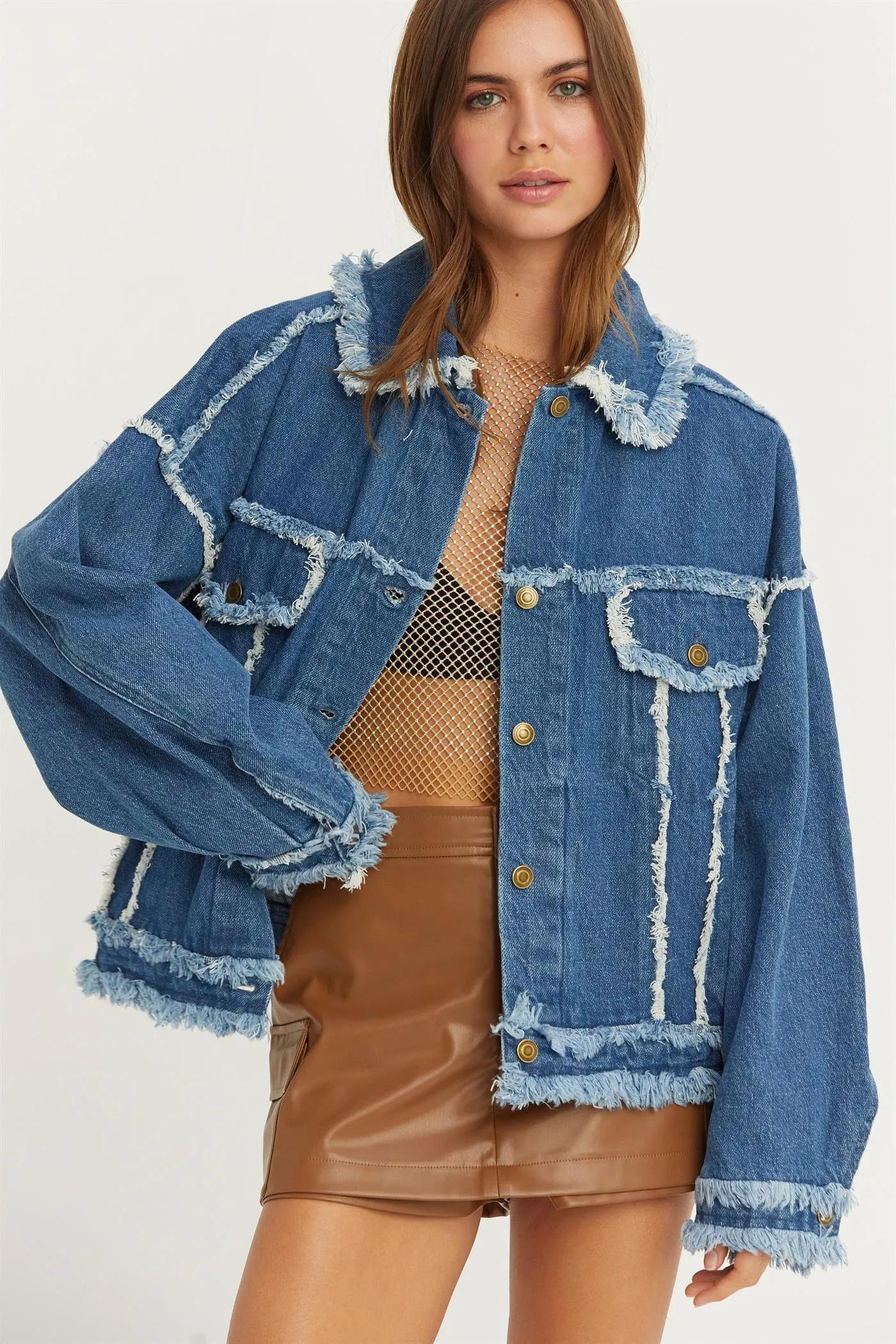 HF24E337-OVERSIZED FRAYED DENIM JACKET