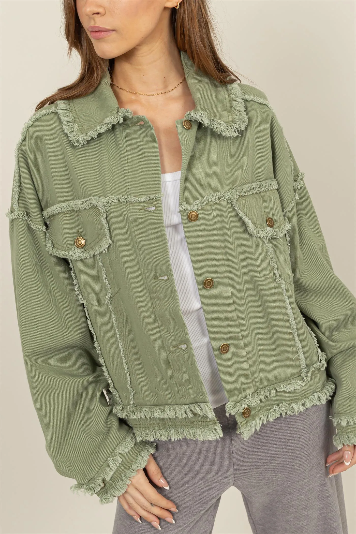 HF24E337-OVERSIZED FRAYED DENIM JACKET