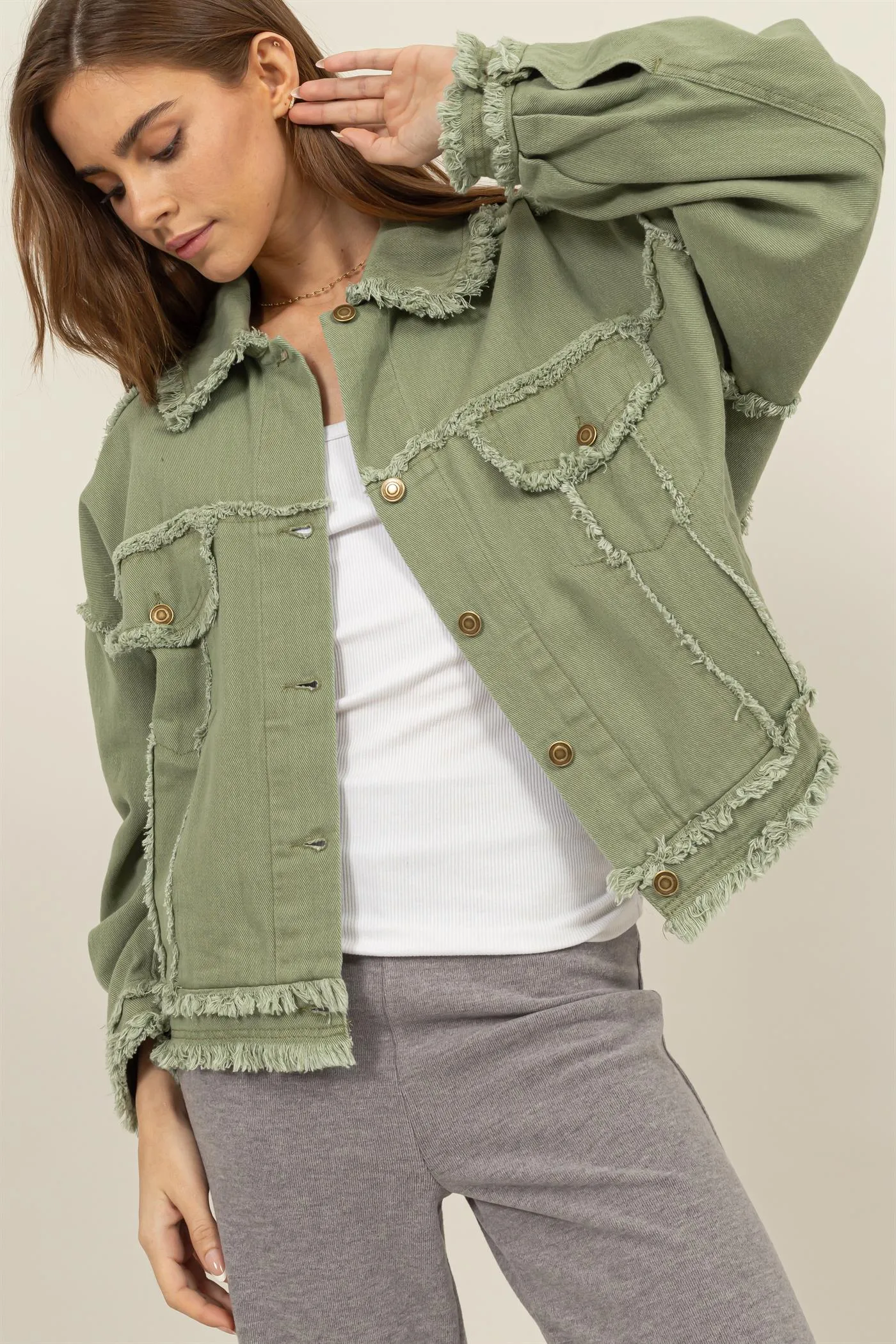 HF24E337-OVERSIZED FRAYED DENIM JACKET