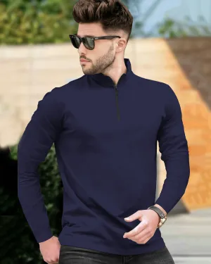 High Neck Full Sleeve Plain T-shirt / Navy Blue