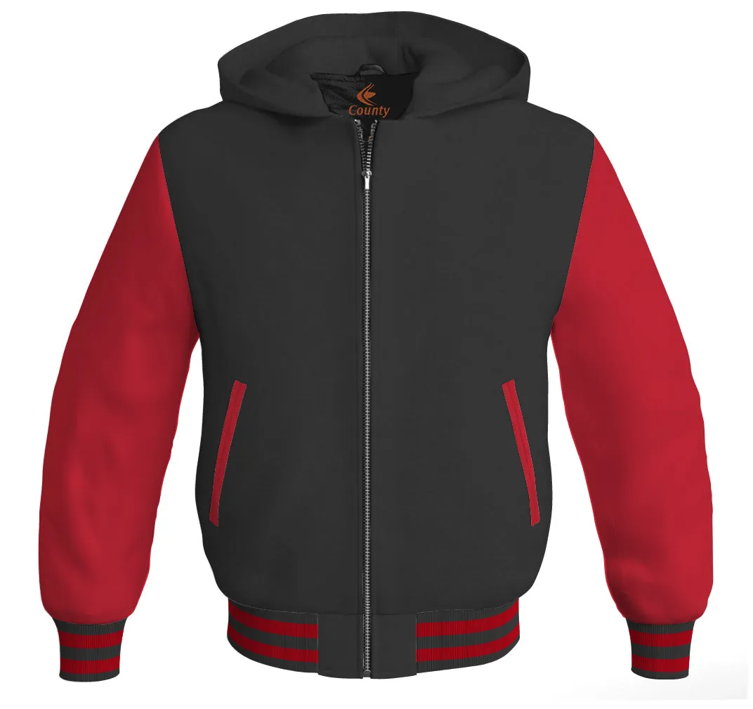 Hoodies For Men Black Body and Red Leather Sleeves Varsity Hoodie