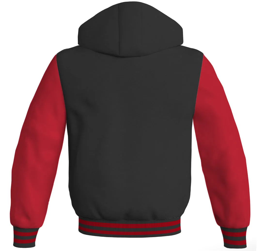 Hoodies For Men Black Body and Red Leather Sleeves Varsity Hoodie