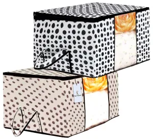 Kuber Industries Polka Dot Design 2 Piece Non Woven Fabric Underbed Storage Bag,Cloth Organiser,Blanket Cover with Transparent Window, Cream & White -CTKTC41039