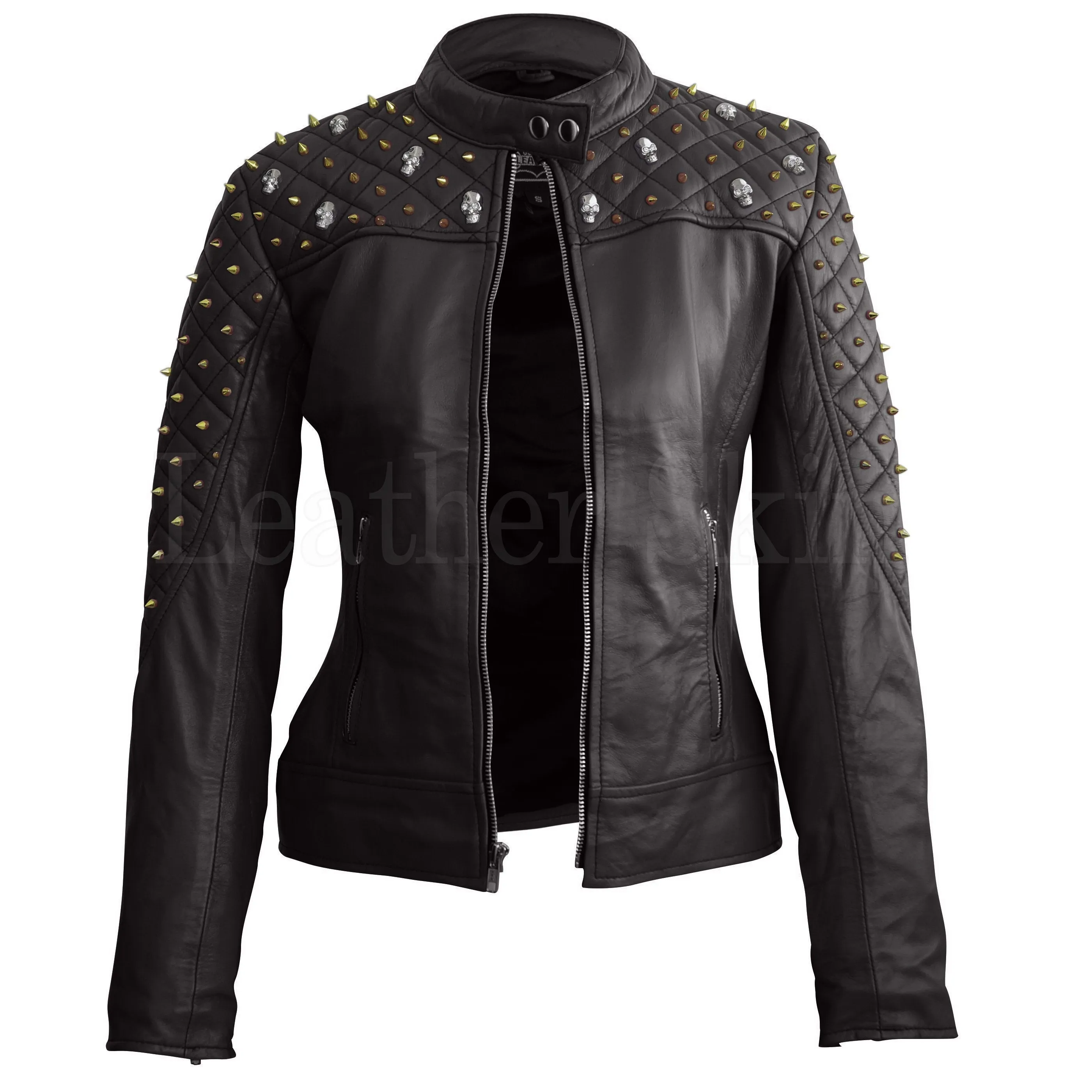 Leather Skin Women Black Shoulder Quilted with Gold Studs and Skeletons Genuine Leather Jacket