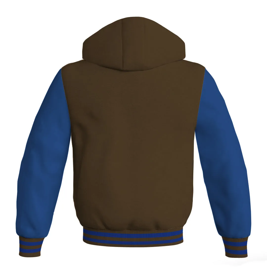 Letterman Hoodie Brown Body and Blue Leather Sleeves Bomber Jacket