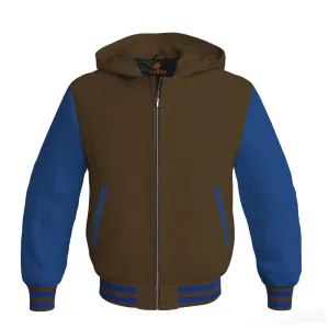 Letterman Hoodie Brown Body and Blue Leather Sleeves Bomber Jacket