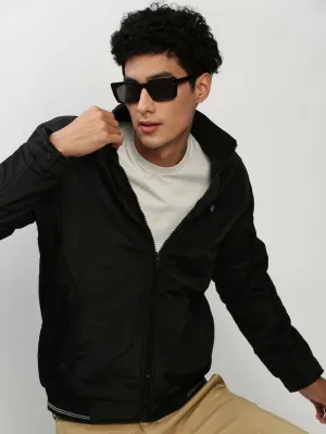 Men Black Solid Casual Bomber Jackets