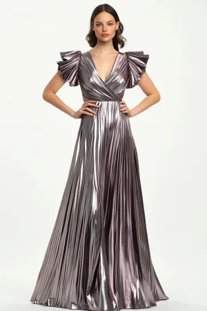 Metallic Taro Purple Pleated V Neck Wrap Formal Dress with Short Ruffle Sleeves