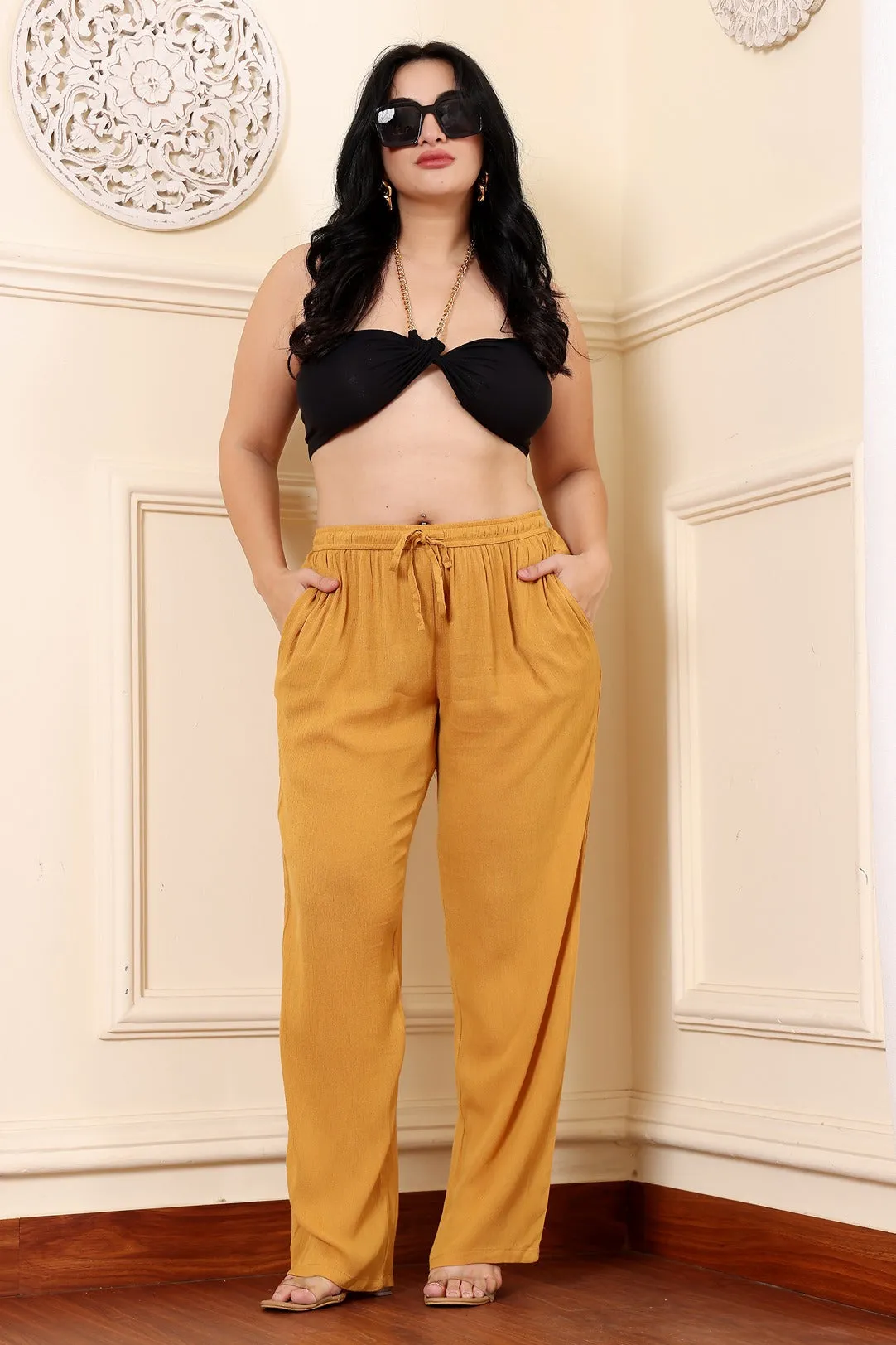 Mustard Solid Straight Pants