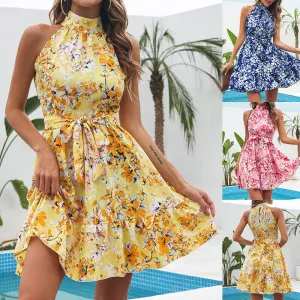 New Flowers Print Halterneck Dress Summer Fashion Temperament Lace-up Ruffled Dresses For Women