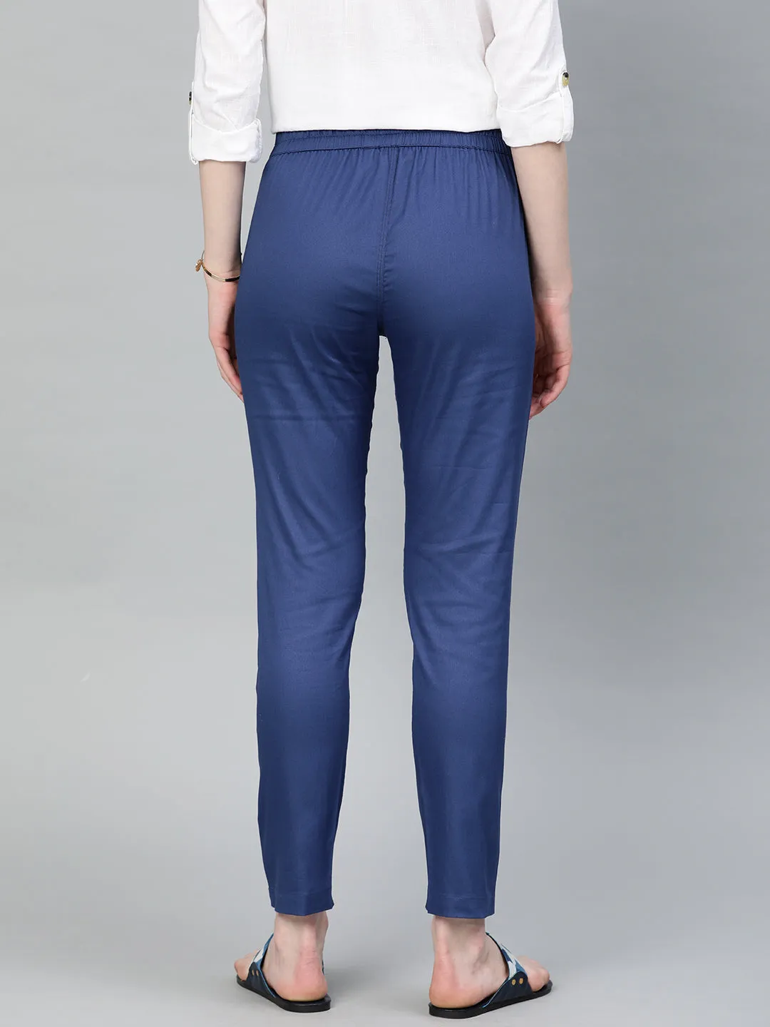 Persian Blue Solid Cotton Lycra Pants