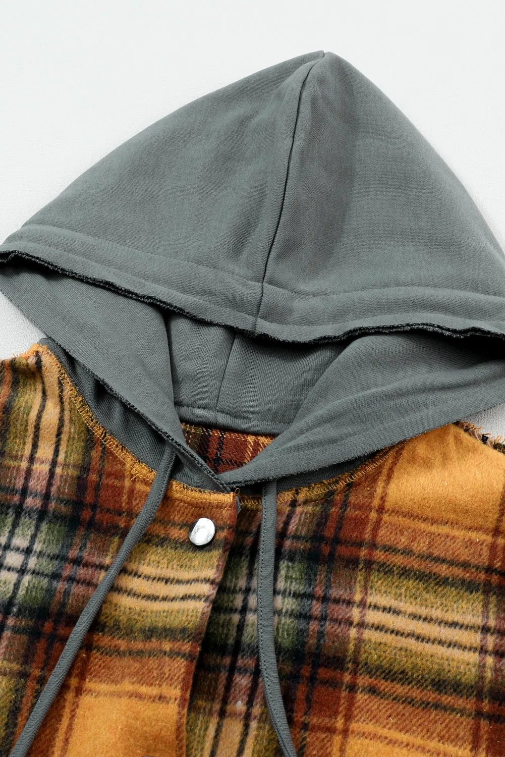 Plaid Hooded Frayed Snap Jacket