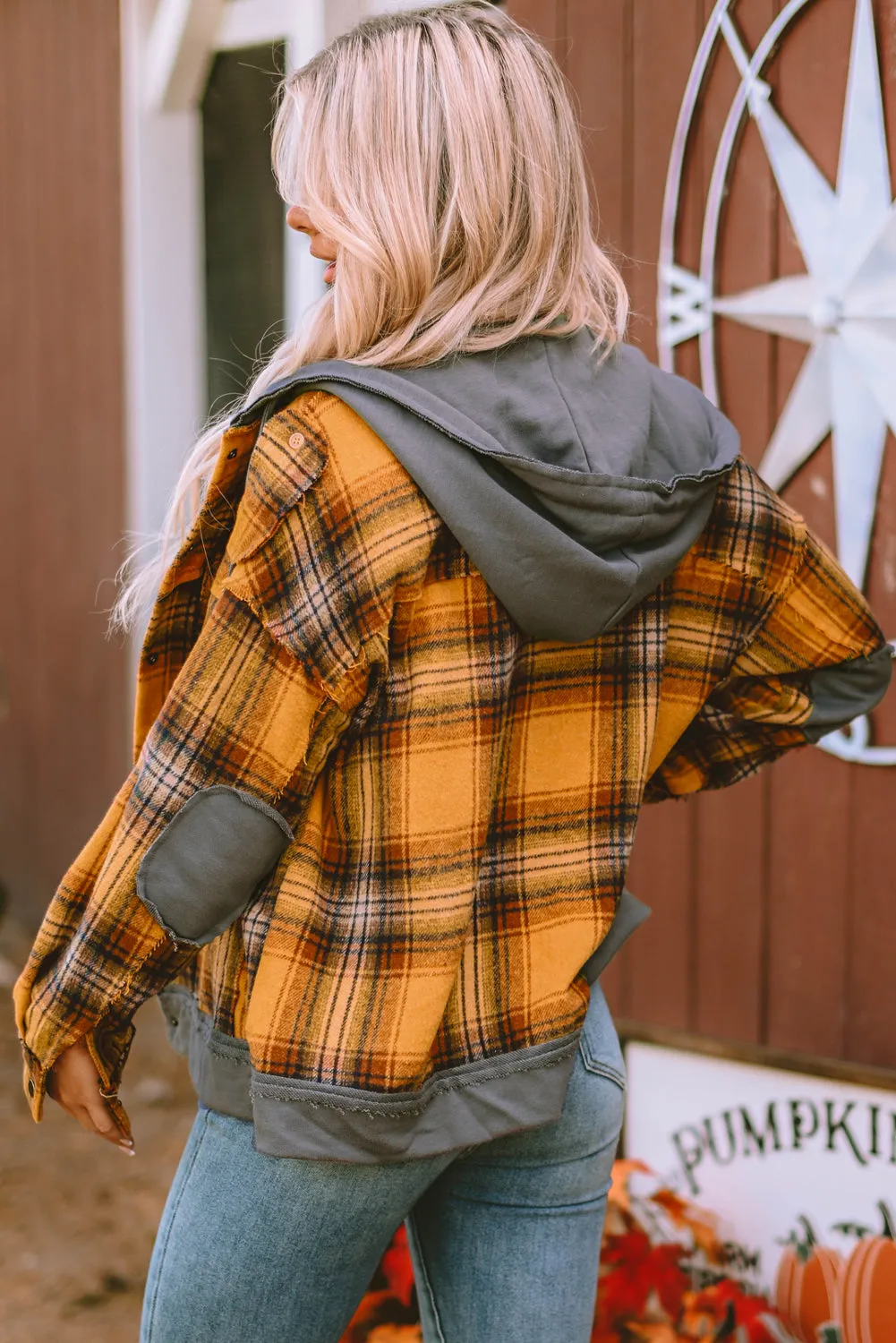 Plaid Hooded Frayed Snap Jacket