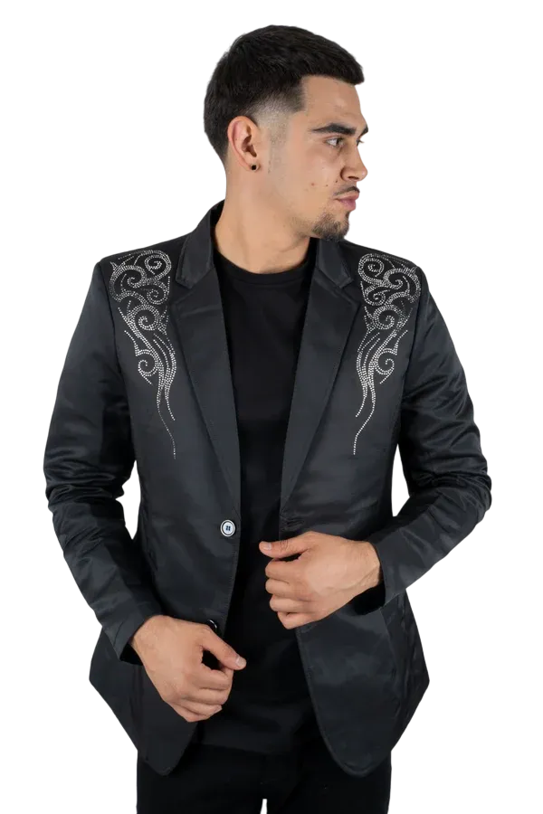 Platini Men's Double Button Rhinestone Black Blazer