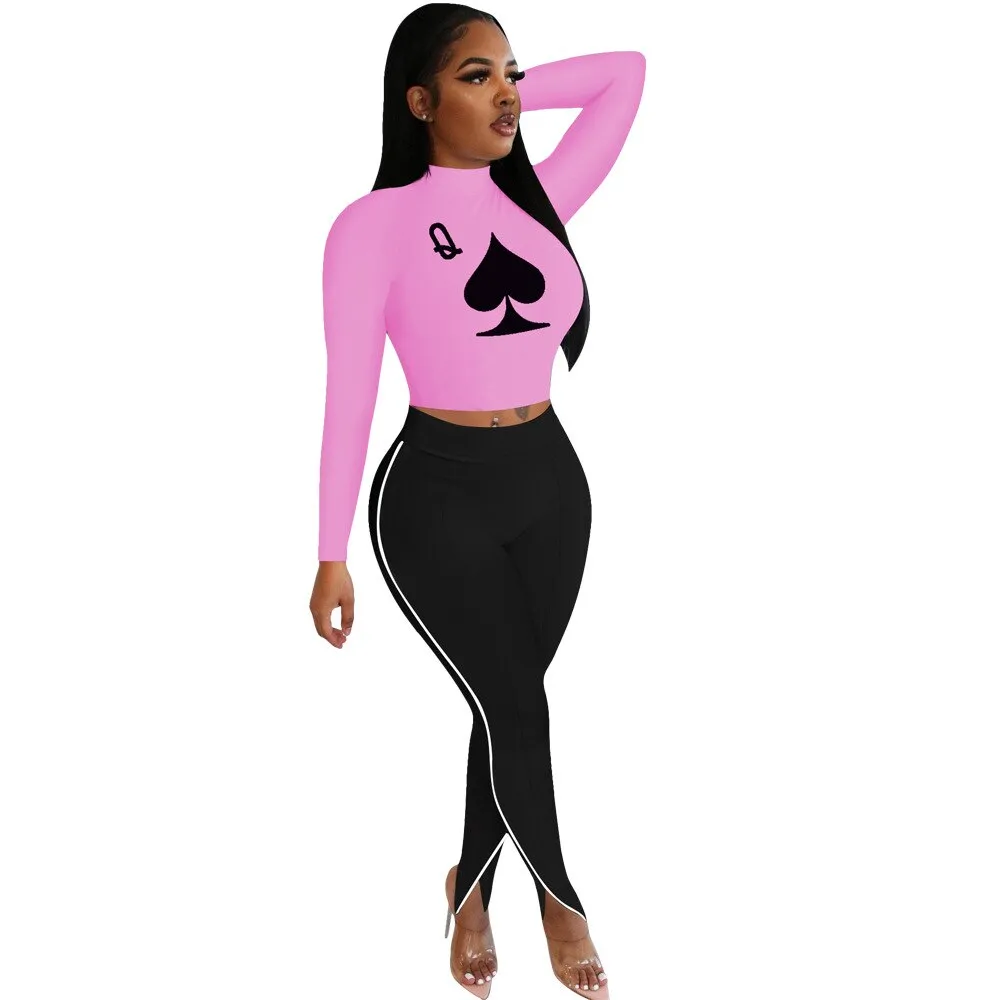 Poker Spades Print Design Long Sleeves Crop Tops & Patchwork Trousers Set