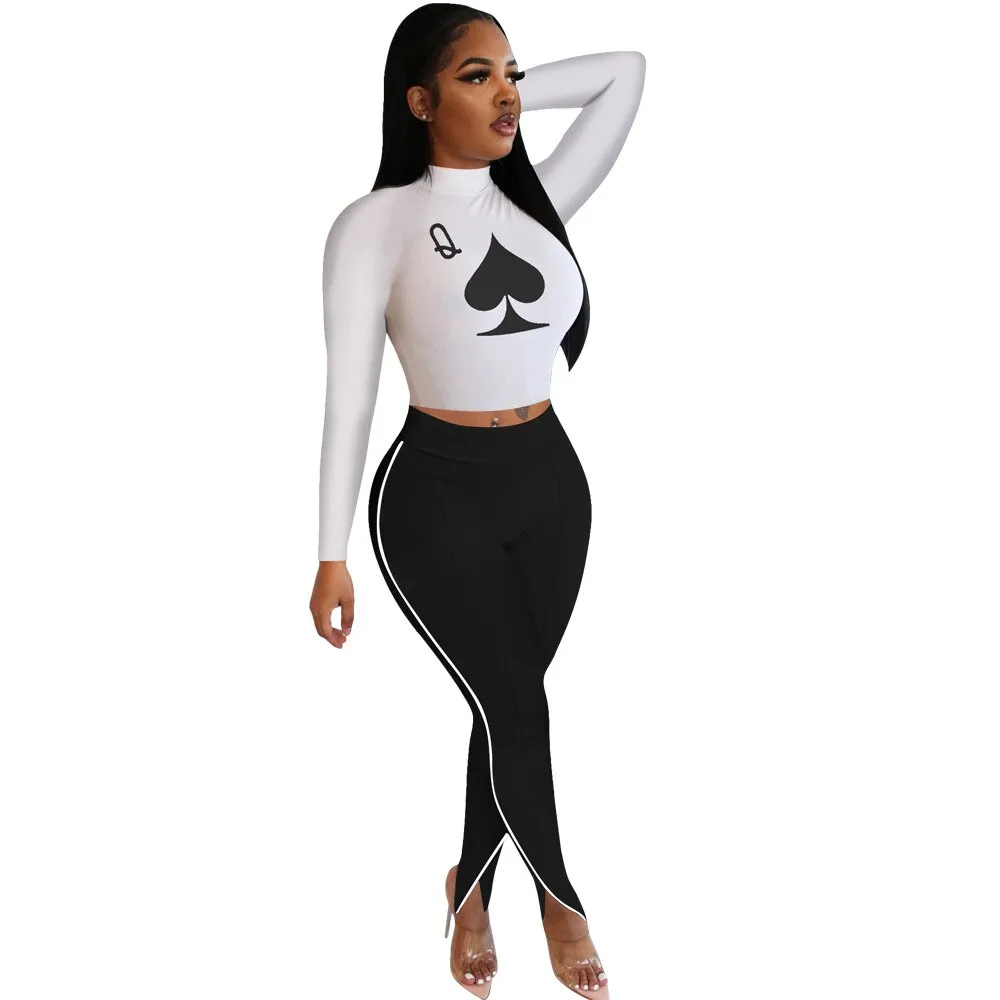 Poker Spades Print Design Long Sleeves Crop Tops & Patchwork Trousers Set