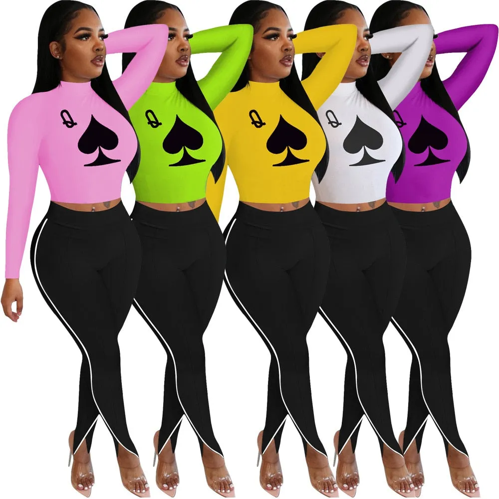 Poker Spades Print Design Long Sleeves Crop Tops & Patchwork Trousers Set